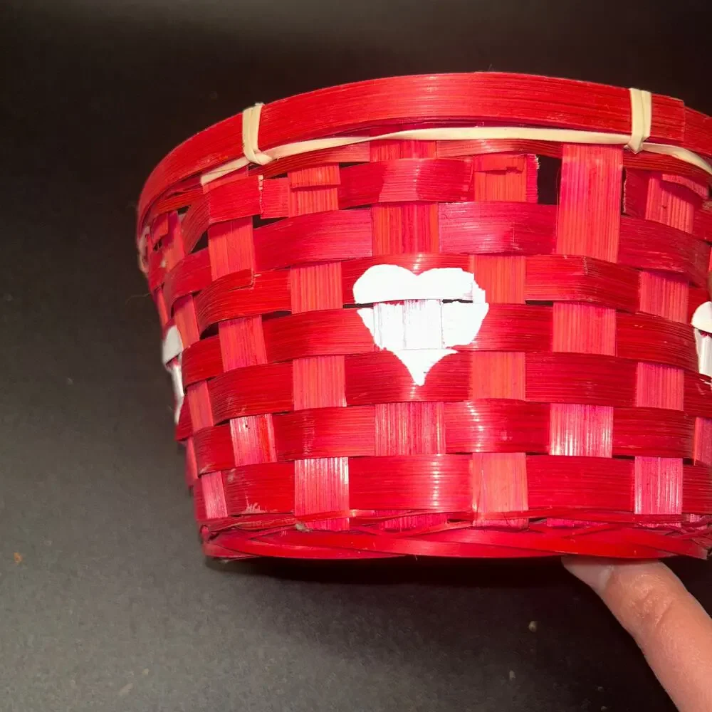 Vintage Valentine's Day Red White Heart Wicker Woven Basket